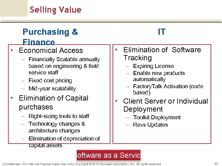Selling Value Purchasing & Finance • Economical Access – Financially Scalable annually based on