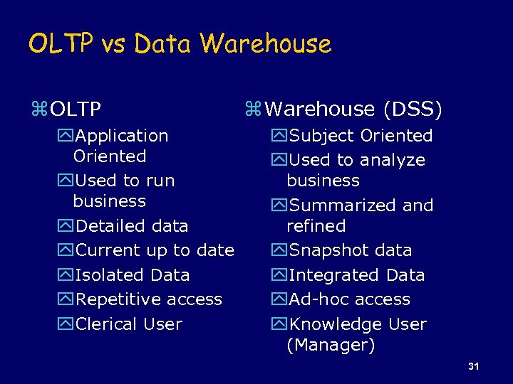 OLTP vs Data Warehouse z OLTP y. Application Oriented y. Used to run business