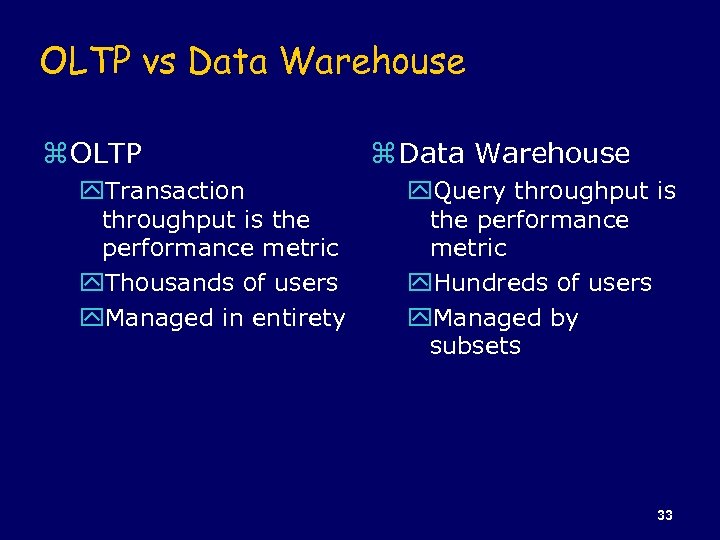 OLTP vs Data Warehouse z OLTP y. Transaction throughput is the performance metric y.
