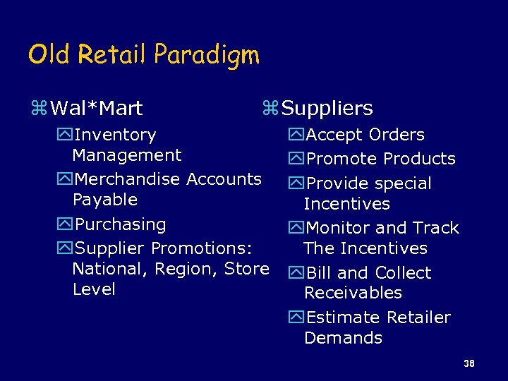 Old Retail Paradigm z Wal*Mart z Suppliers y. Inventory Management y. Merchandise Accounts Payable