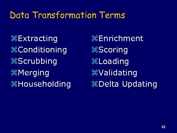 Data Transformation Terms z. Extracting z. Conditioning z. Scrubbing z. Merging z. Householding z.