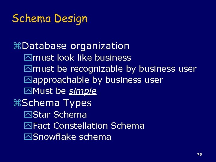 Schema Design z. Database organization ymust look like business ymust be recognizable by business