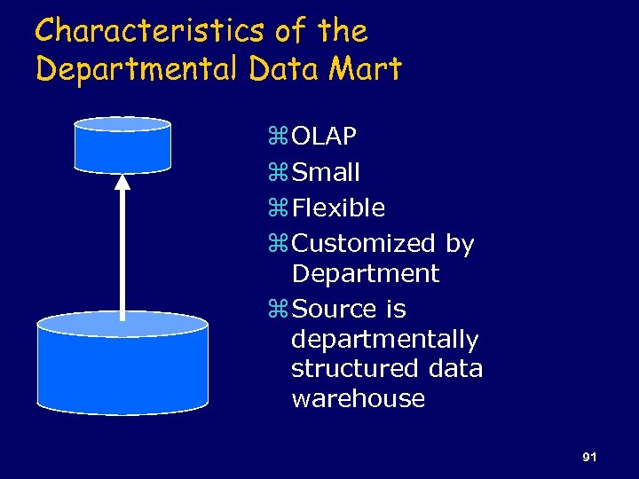 Characteristics of the Departmental Data Mart z OLAP z Small z Flexible z Customized