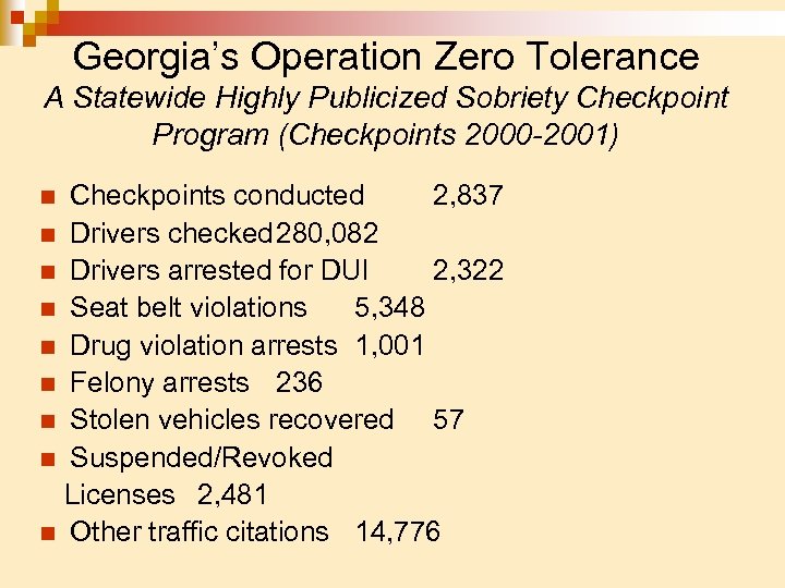 Georgia’s Operation Zero Tolerance A Statewide Highly Publicized Sobriety Checkpoint Program (Checkpoints 2000 -2001)