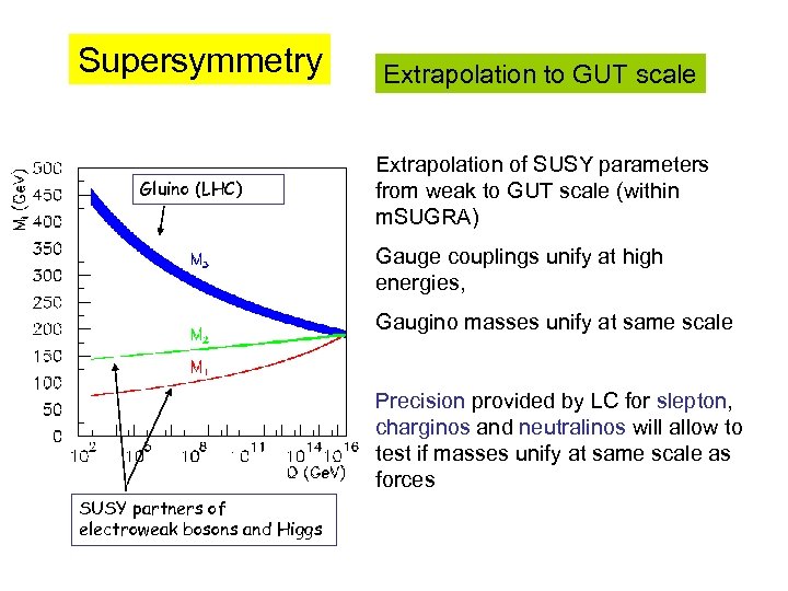 Supersymmetry Gluino (LHC) Extrapolation to GUT scale Extrapolation of SUSY parameters from weak to