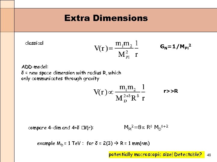 Extra Dimensions classical GN=1/MPl 2 ADD-model: δ = new space dimension with radius R,