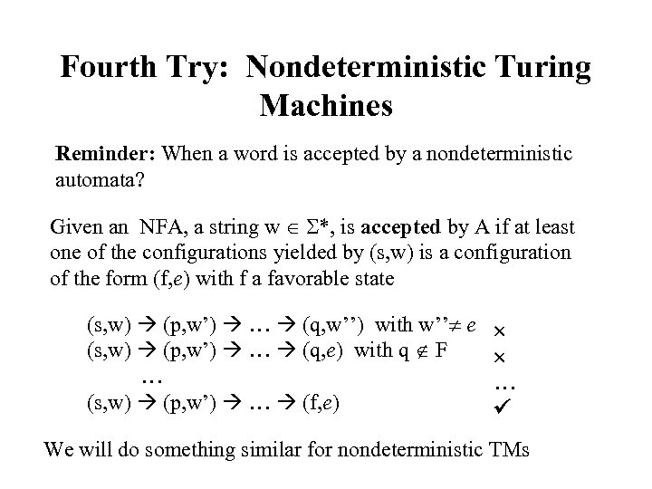 Fourth Try: Nondeterministic Turing Machines Reminder: When a word is accepted by a nondeterministic