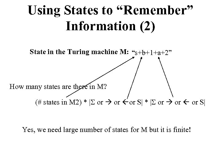 Using States to “Remember” Information (2) State in the Turing machine M: “s+b+1+a+2” How