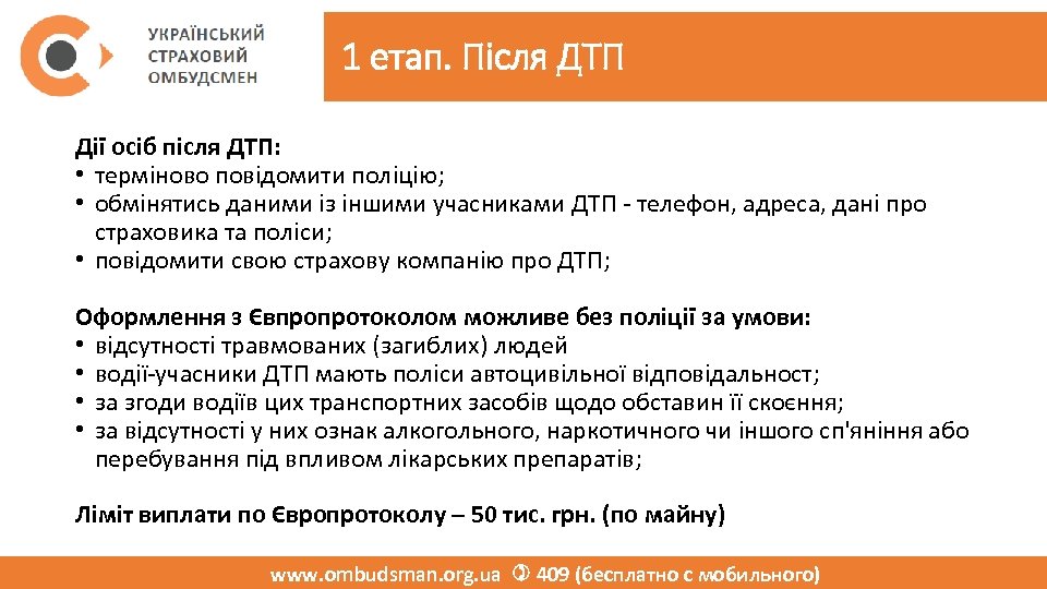 1 етап. Після ДТП Дії осіб після ДТП: • терміново повідомити поліцію; • обмінятись