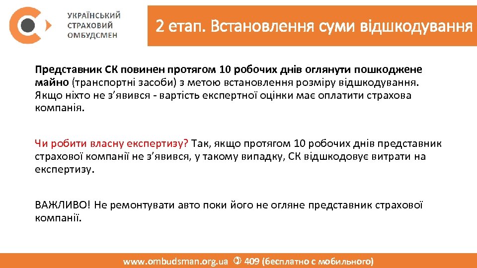 2 етап. Встановлення суми відшкодування Представник СК повинен протягом 10 робочих днів оглянути пошкоджене