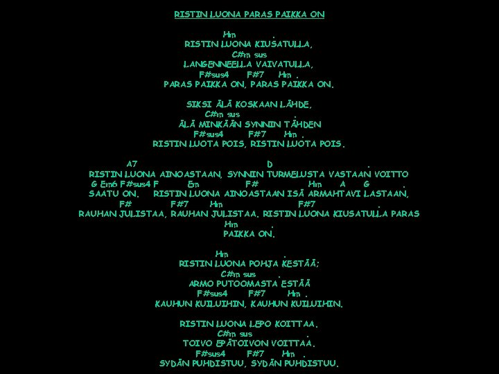 RISTIN LUONA PARAS PAIKKA ON Hm. RISTIN LUONA KIUSATULLA, C#m sus LANGENNEELLA VAIVATULLA, F#sus