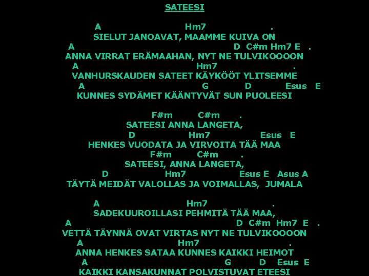 SATEESI A Hm 7. SIELUT JANOAVAT, MAAMME KUIVA ON A D C#m Hm 7
