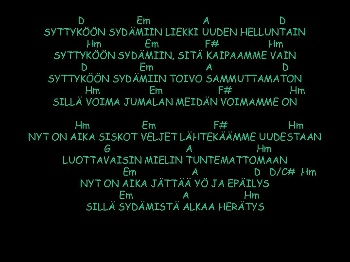 D Em A D SYTTYKÖÖN SYDÄMIIN LIEKKI UUDEN HELLUNTAIN Hm Em F# Hm SYTTYKÖÖN