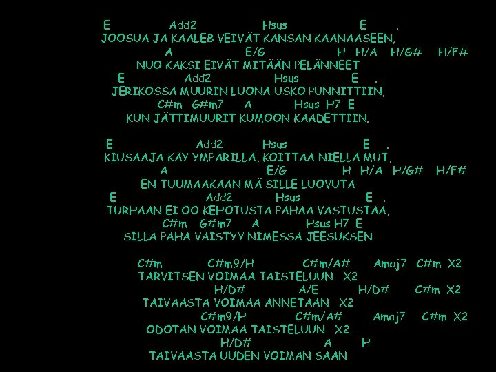 E Add 2 Hsus E. JOOSUA JA KAALEB VEIVÄT KANSAN KAANAASEEN, A E/G H