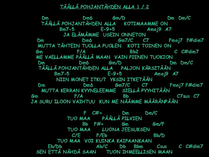 TÄÄLLÄ POHJANTÄHDEN ALLA 1 / 2 Dm Dm 6 Gm/D Dm Dm/C TÄÄLLÄ POHJANTÄHDEN