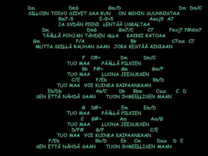 Dm Dm 6 Gm/D Dm Dm/C SILLOIN TOIVO SIIVET SAA KUN ON MIHIN SUUNNISTAA
