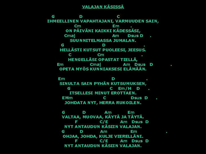 VALAJAN KÄSISSÄ G D C IHMEELLINEN VAPAHTAJANI, VARMUUDEN SAIN, Cm Em. ON PÄIVÄNI KAIKKI