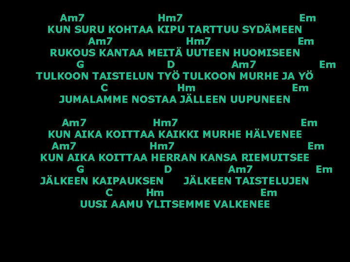 Am 7 Hm 7 Em KUN SURU KOHTAA KIPU TARTTUU SYDÄMEEN Am 7 Hm