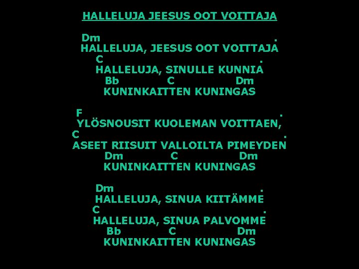 HALLELUJA JEESUS OOT VOITTAJA Dm. HALLELUJA, JEESUS OOT VOITTAJA C. HALLELUJA, SINULLE KUNNIA Bb
