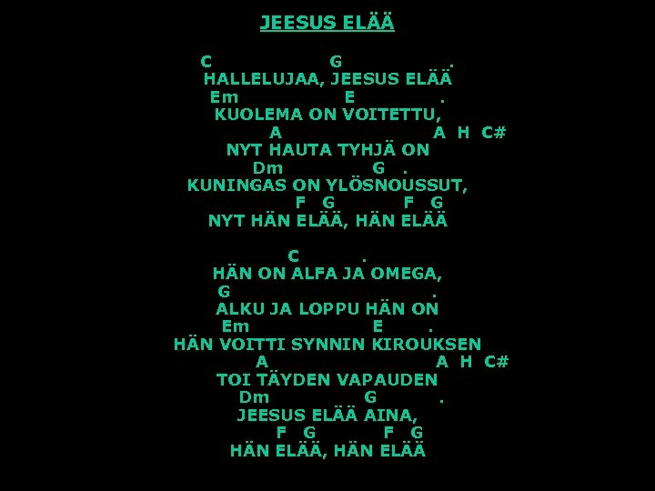 JEESUS ELÄÄ C G. HALLELUJAA, JEESUS ELÄÄ Em E. KUOLEMA ON VOITETTU, A A