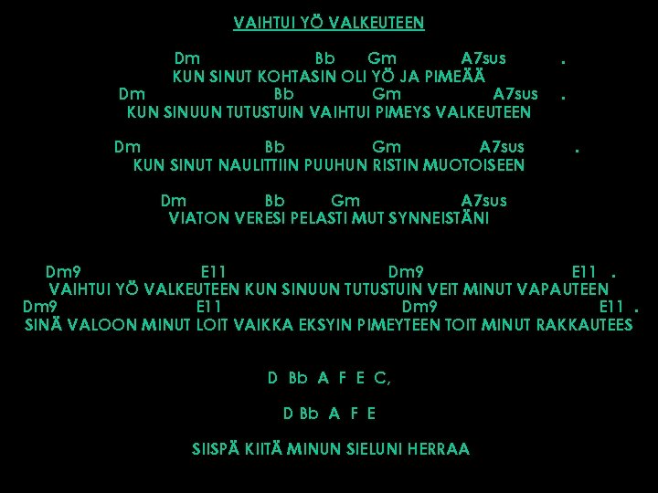 VAIHTUI YÖ VALKEUTEEN Dm Bb Gm A 7 sus KUN SINUT KOHTASIN OLI YÖ
