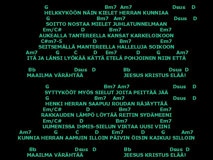 G Bm 7 Am 7 Dsus D HELKKYKÖÖN NÄIN KIELET HERRAN KUNNIAA G Bm