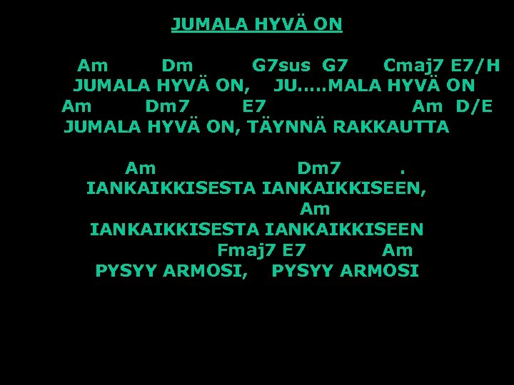 JUMALA HYVÄ ON Am Dm G 7 sus G 7 Cmaj 7 E 7/H