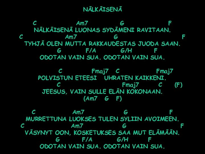 NÄLKÄISENÄ C Am 7 G F NÄLKÄISENÄ LUONAS SYDÄMENI RAVITAAN. C Am 7 G