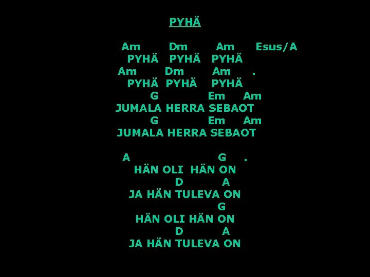 PYHÄ Am Dm Am Esus/A PYHÄ Am Dm Am. PYHÄ G Em Am JUMALA