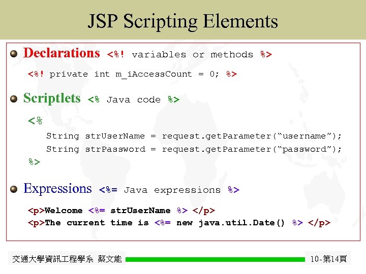 JSP Scripting Elements Java Declarations Java. Bean <%! variables or methods %> <%! private