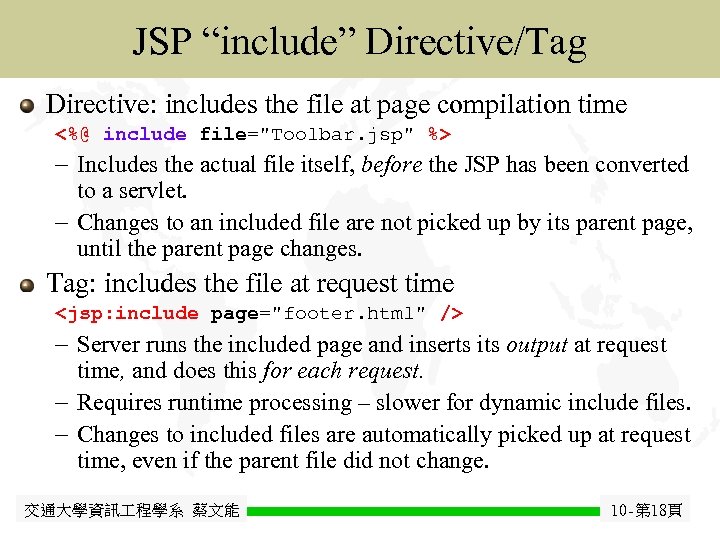 Java JSP “include” Directive/Tag Java. Bean Directive: includes the file at page compilation time