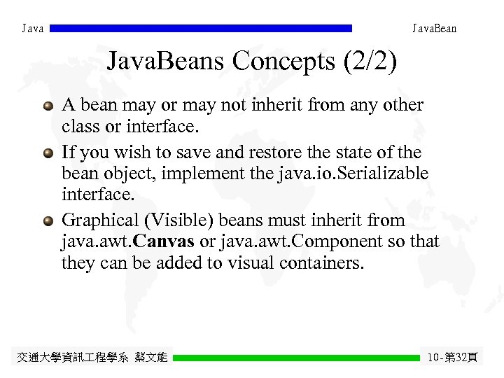 Java. Beans Concepts (2/2) A bean may or may not inherit from any other