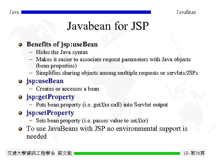 Java. Bean Javabean for JSP Benefits of jsp: use. Bean - Hides the Java