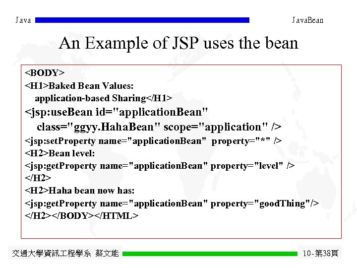 Java. Bean An Example of JSP uses the bean <BODY> <H 1>Baked Bean Values: