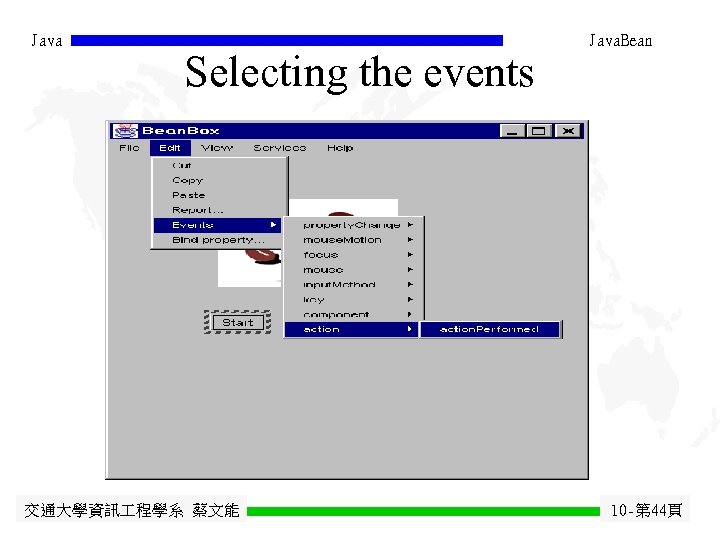 Java Selecting the events 交通大學資訊 程學系 蔡文能 Java. Bean 10 -第 44頁 