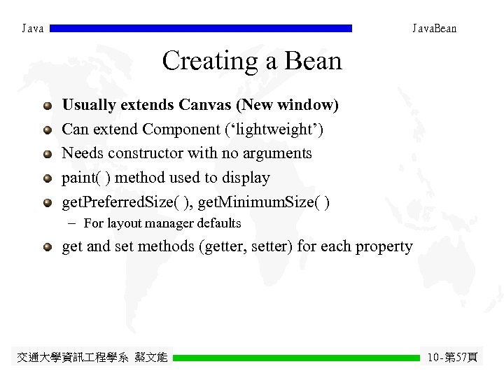 Java. Bean Creating a Bean Usually extends Canvas (New window) Can extend Component (‘lightweight’)