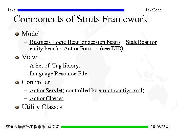 Java. Bean Components of Struts Framework Model - Business Logic Bean(or session bean)、State. Bean(or