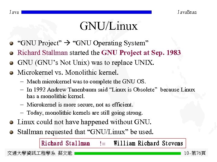 Java. Bean GNU/Linux “GNU Project” “GNU Operating System” Richard Stallman started the GNU Project