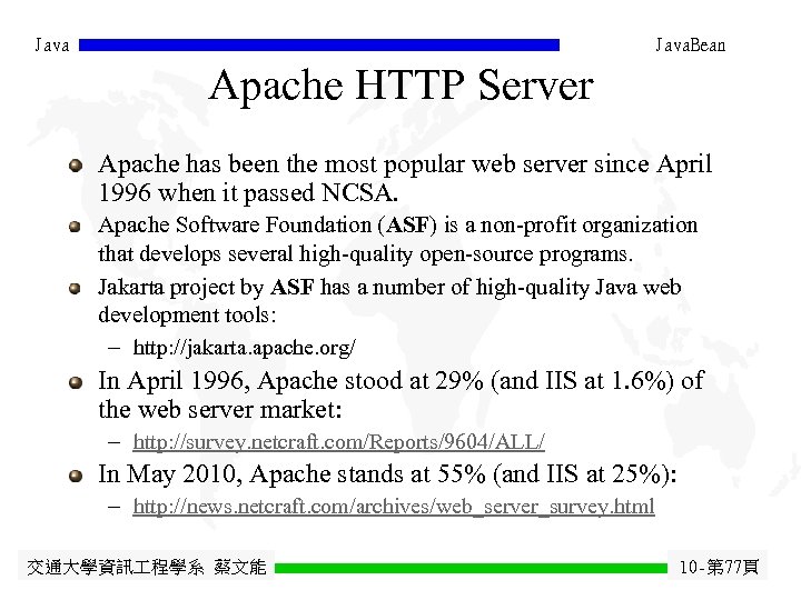 Java. Bean Apache HTTP Server Apache has been the most popular web server since