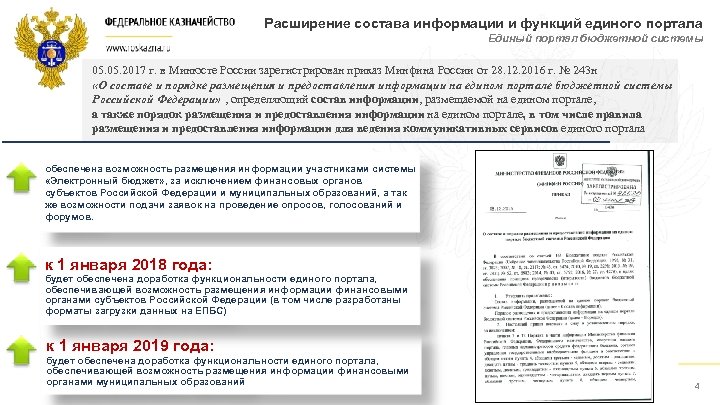Расширение состава информации и функций единого портала Единый портал бюджетной системы 05. 2017 г.