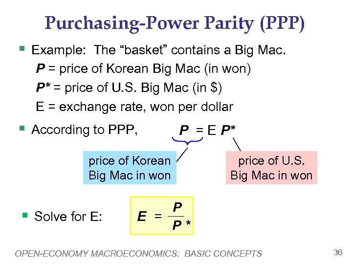 Purchasing-Power Parity (PPP) § Example: The “basket” contains a Big Mac. P = price