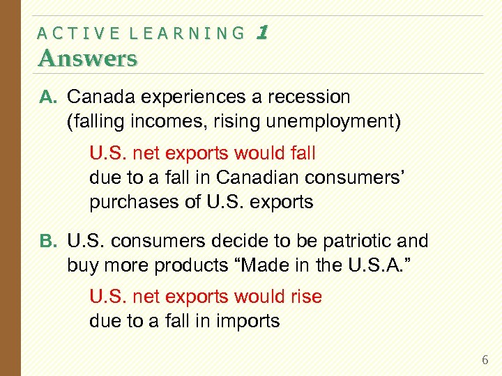 ACTIVE LEARNING Answers 1 A. Canada experiences a recession (falling incomes, rising unemployment) U.