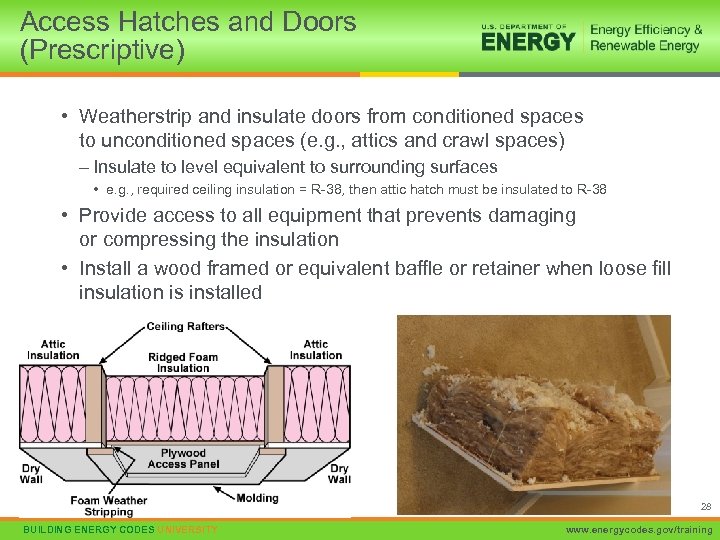 Access Hatches and Doors (Prescriptive) • Weatherstrip and insulate doors from conditioned spaces to