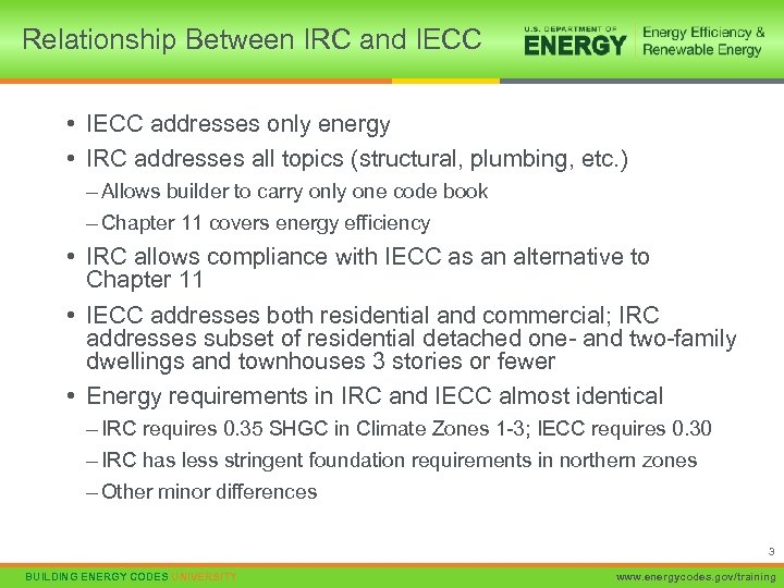 Relationship Between IRC and IECC • IECC addresses only energy • IRC addresses all