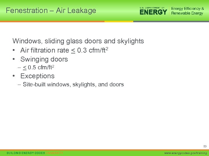 Fenestration – Air Leakage Windows, sliding glass doors and skylights • Air filtration rate