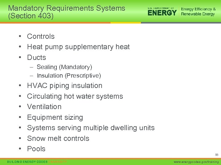 Mandatory Requirements Systems (Section 403) • Controls • Heat pump supplementary heat • Ducts