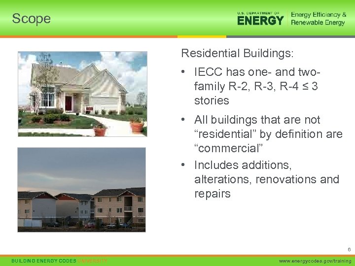 Scope 1263068 Residential Buildings: • IECC has one- and twofamily R-2, R-3, R-4 ≤