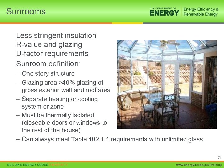 Sunrooms Less stringent insulation R-value and glazing U-factor requirements Sunroom definition: – One story