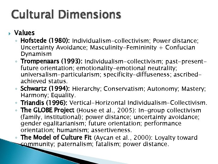 Cultural Dimensions Values ◦ Hofstede (1980): Individualism-collectivism; Power distance; Uncertainty Avoidance; Masculinity-Femininity + Confucian
