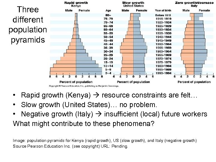 Three different population pyramids • Rapid growth (Kenya) resource constraints are felt… • Slow